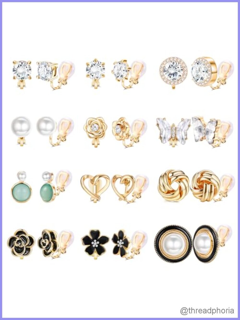 12 Pairs Clip On Earrings for Women CZ Pearl 14K Gold Plated Non Pierced Set